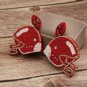 {NEW} Red Beaded Rugby Design Dangle Earrings